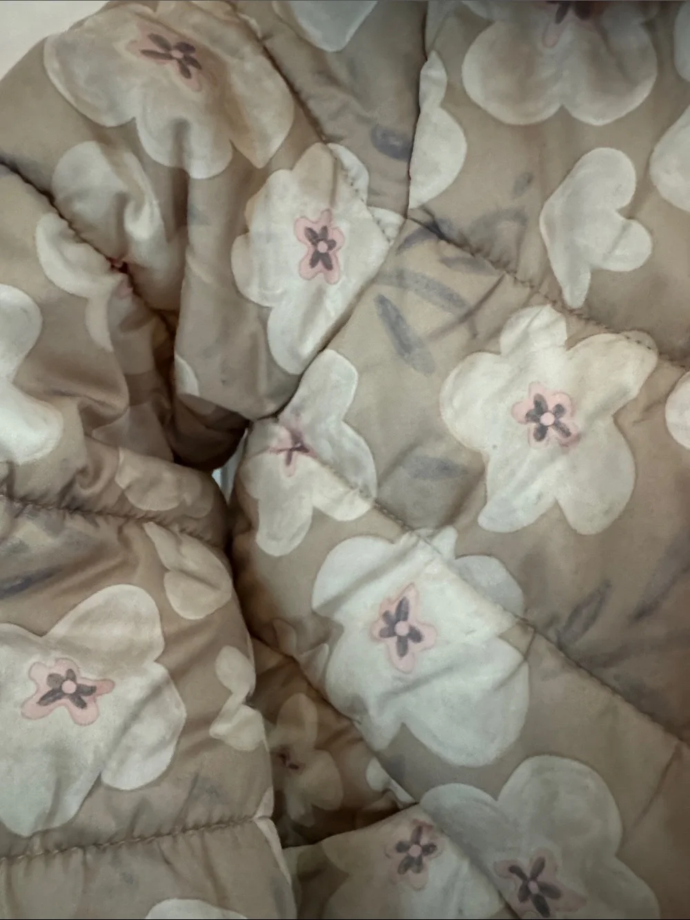 Carter's Beige Floral Puffer Jacket with Faux Fur Hood